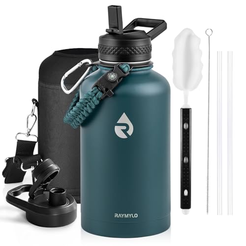 Insulated Water Bottle 64 oz, Triple Wall Vacuum Stainless Steel (Cold for 48 Hrs), Leak Proof & Non-BPA, Half Gallon Water Flask Jug with Paracord Handle & Straw Spout Lids, Dark Green