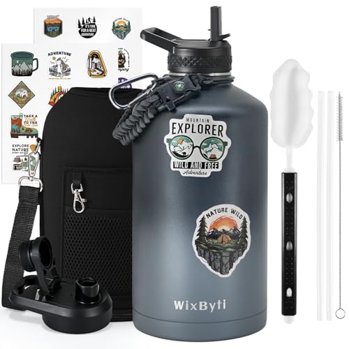 One Gallon Water Bottle Insulated with DIY Stickers, Triple Wall Vacuum Cold for 48 Hrs Leak-proof Non-BPA, 128oz Large Sports Stainless Steel Water Jug with Paracord Handle Straw Spout Lids