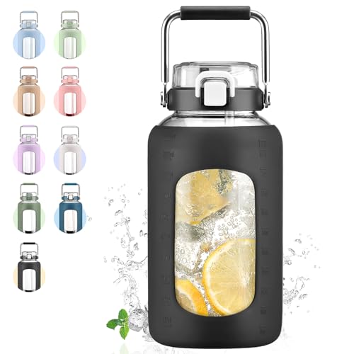 84oz Glass Water Bottle with Stainless Steel Handle,2.5L Gallon Water Bottle with 2-IN-1 Straw Lid, Silicone Sleeve and Motivational Capacity Marker, Wide Mouth Water Jug For Gym, Workout, Black