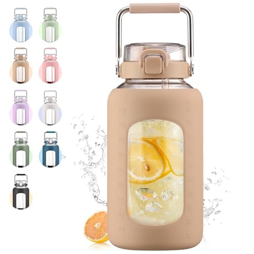 84oz Glass Water Bottle with Stainless Steel Handle,2.4L Gallon Water Bottle with 2-IN-1 Straw Lid, Silicone Sleeve and Motivational Capacity Marker, Wide Mouth Water Jug For Gym, Workout, Amber