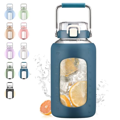 84oz Glass Water Bottle with Stainless Steel Handle,2.5L Gallon Water Bottle with 2-IN-1 Straw Lid, Silicone Sleeve and Motivational Capacity Marker, Wide Mouth Water Jug For Gym, Dark Blue