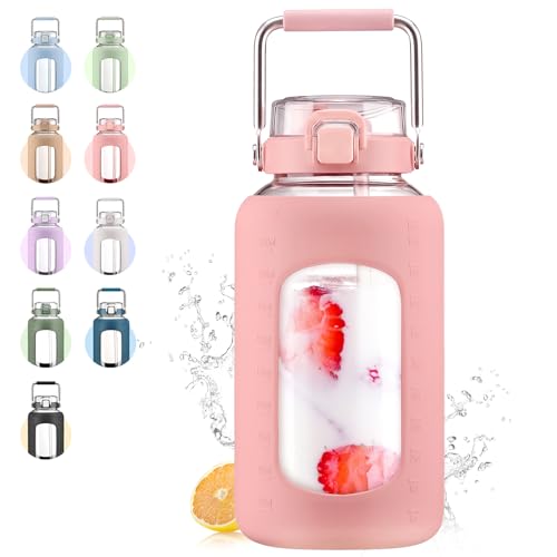 84oz Glass Water Bottle with Stainless Steel Handle,2.5L Gallon Water Bottle with 2-IN-1 Straw Lid, Silicone Sleeve and Motivational Capacity Marker, Wide Mouth Water Jug For Gym, Workout, Pink
