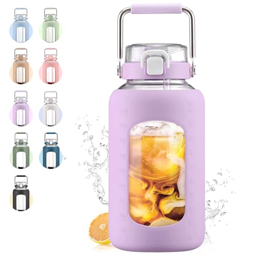 84oz Glass Water Bottle with Stainless Steel Handle,2.5L Gallon Water Bottle with 2-IN-1 Straw Lid, Silicone Sleeve and Motivational Capacity Marker, Wide Mouth Water Jug For Gym, Purple