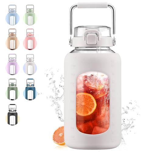 84oz Glass Water Bottle with Stainless Steel Handle,2.5L Gallon Water Bottle with 2-IN-1 Straw Lid, Silicone Sleeve and Motivational Capacity Marker, Wide Mouth Water Jug For Gym, Workout, White