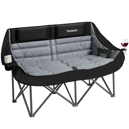 Oversized Camping Chair, Double Folding Loveseat Camping Couch with Pocket, Cup Holder and Carry Bag, Heavy Duty Portable Camping Chairs for Adults, Fishing, Sports, Trip, up to 660lbs, Black