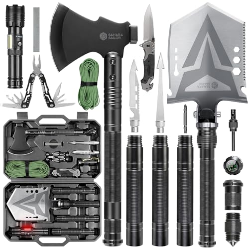 Sahara Sailor Folding Camping Shovel Axe Kit Military Grade, Multifunctional Survival Tactical Shovel with Paracord, Dual Color Flashlight, Whetstone, Emergency Gear for Camping