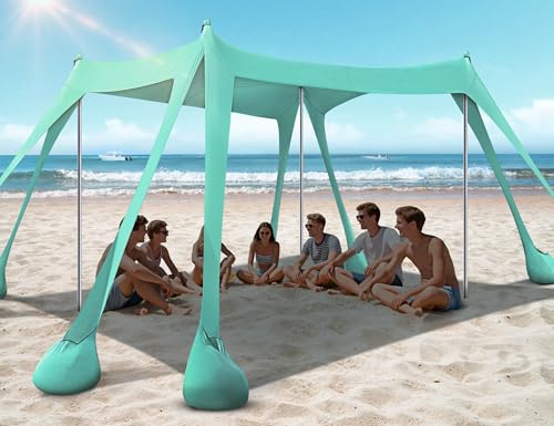 Rengue Beach Tent, Beach Canopy UPF50+ UV Protection, 10x10ft Beach Shade Sun Shelter with 8 Sandbags, Sand Shovels, Ground Peg, Stability Poles for Camping, Fishing, Picnic, Backyard Fun, Light Green