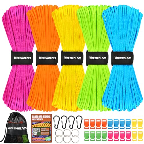 WEREWOLVES 550 Paracord Kits 100ft Each Color - 5 Colors Parachute Cord Combo 7 Strand Type III Parachute Cord 4mm for Crafting, Dog Collar, Survival Bracelets