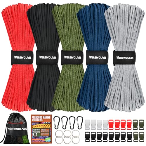WEREWOLVES 550 Paracord Kits 100ft Each Color - 5 Colors Parachute Cord Combo 7 Strand Type III Parachute Cord 4mm for Crafting, Dog Collar, Survival Bracelets