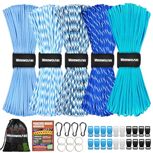 WEREWOLVES 550 Paracord Kits 100ft Each Color - 5 Colors Parachute Cord Combo 7 Strand Type III Parachute Cord 4mm for Crafting, Dog Collar, Survival Bracelets