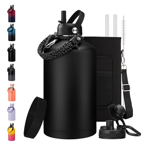 1 Gallon Water Bottle Insulated - with Straw & Auto Chug Lid, Carrier Bag, Protective Boot, Paracord Handle, Stainless Steel Water Bottle 128 oz, Large Metal One Gallon Water Jug for Travel Gym