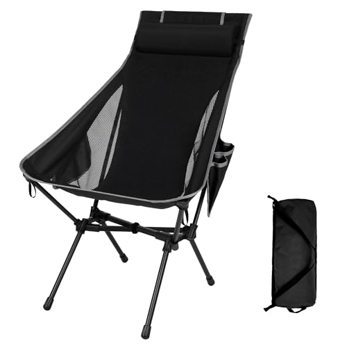 Portable High Back Camping Chair, Support Heavy Duty 440 lbs, Compact Folding Backpacking Chair with Detachable Pillow for Camp, Hiking, Backpacking(Black)