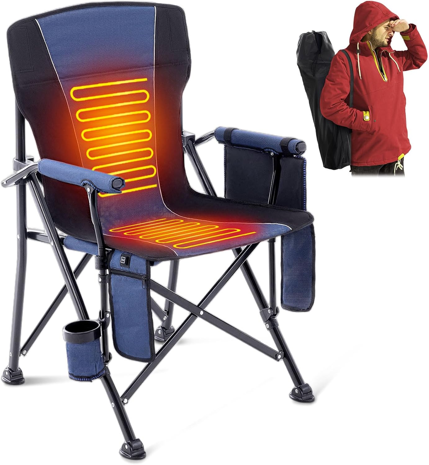Lamberia Heated Camping Chairs for Adults, Camping Chairs, Portable Heated Chairs for Outdoor, Folding Chairs,Heavy Duty Lawn Chairs for Adults, with Cup Holder,Battery Not Included,Blue