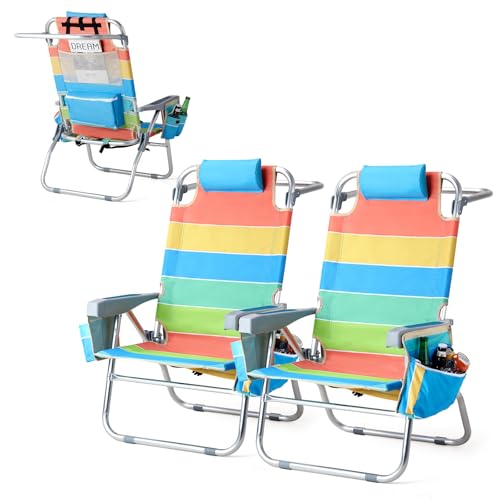VINGLI Backpack Beach Chair 2 Pack, with 5-Position, Cup Holders, Cooler Bag, Towel Bar, Lightweight Folding Beach Camping Chairs for Adults(Rainbow-13)
