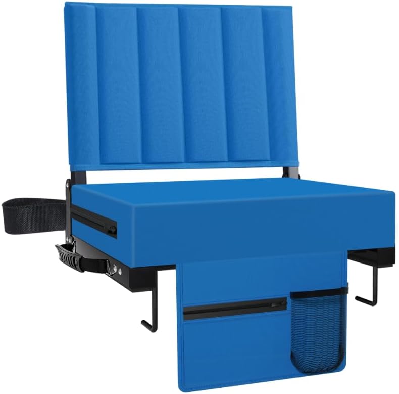 Stadium Seat for Bleachers with Back Support and Cushion, Bleacher Seats with Shoulder Strap and Cup Holder, Padded Portable Folding Comfort Stadium Chair, for Sports Events, Blue (1pcs)
