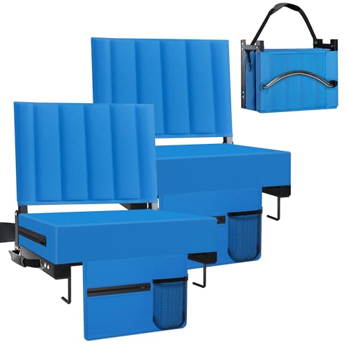Stadium Seat for Bleachers with Back Support and Cushion, Bleacher Seats with Shoulder Strap and Cup Holder, Padded Portable Folding Comfort Stadium Chair, for Sports Events, Blue (2pcs)