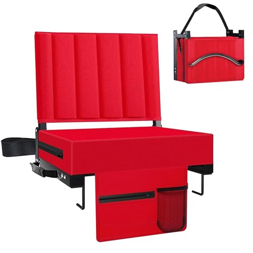 Stadium Seat for Bleachers with Back Support and Cushion, Bleacher Seats with Shoulder Strap and Cup Holder, Padded Portable Folding Comfort Stadium Chair, for Sports Events, Red (1pcs)