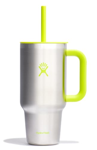 Hydro Flask Travel Tumbler with Handle, Lid and Straw - Insulated Stainless Steel in 32 Oz Stainless Steel Lime