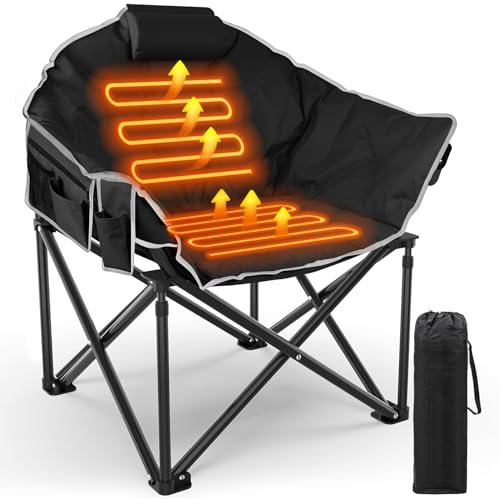 Slendor Heated Camping Chair, Oversized Heated Chairs Outdoor Sports, 3-Levels Adjustable Heated Camp Chair for Fishing, Sports, Lawn with Pillow, Padded, Storage Bag, Supports 440lbs, Black