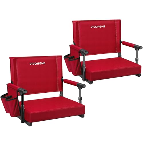 VIVOHOME Stadium Seats with Back Support and Cushion, 2 Pack Portable Bleacher Chairs with Cup Holder and Shoulder Strap