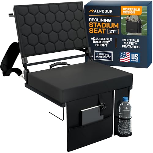 Extra Wide Folding Reclining Stadium Seat with Back Suppot for Bleachers, Bleacher Hooks, Thick Cushion, Cup Holder, Storage Pockets  Portable Chair for Kayak, Canoe, Paddle Board, Concerts, & Sports