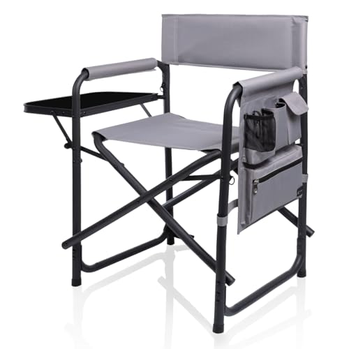 PICNIC TIME Sports Chair with Side Table, Outdoor Foldable Padded Adult Camping Chairs with Cup and Accessory Panel for Lawn, Beach, & Sports Use for Adults, up to 300-lbs Capacity, (Gray)