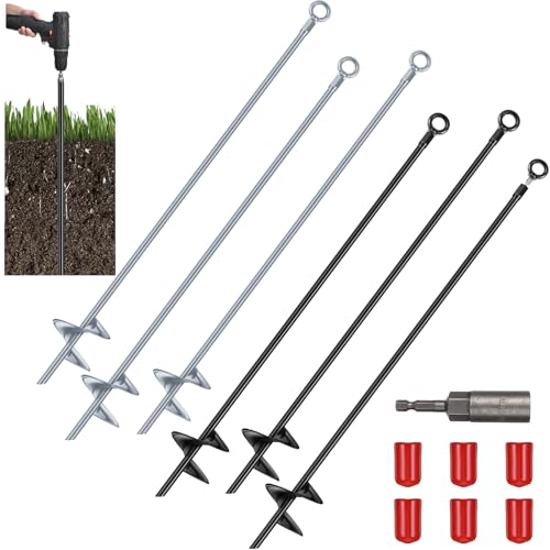 Lasnten 30 Inch Heavy Duty Ground Anchor Spiral Blade Earth Anchor Kit Metal Anchor Hook Beach Sand Stakes Camping for Securing Animals, Shelters, Tents, Canopies (Black, Silver,6 Pcs)
