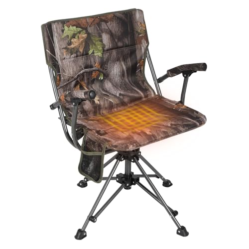 REDCAMP 360 Swivel Heated Hunting Chairs for Ground Blinds, Portable Folding Camo Camping Chairs for Adults Hunting Seats with Hard Arms for Fishing Camping(No Power Bank)