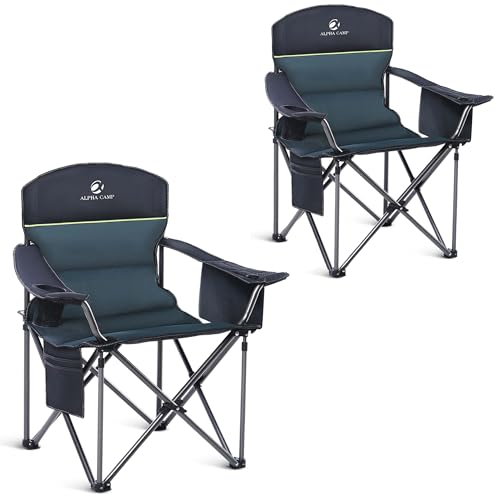 ALPHA CAMP Oversized Camping Chair Heavy Duty Lawn Chair with Cooler Bag Support 450 LBS Steel Frame Collapsible Padded Arm Quad Lumbar Back Folding Chair for Lawn Outdoor