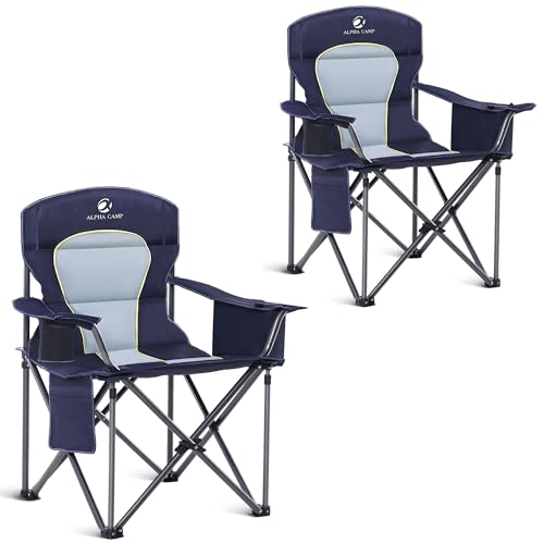 ALPHA CAMP Oversized Camping Chair Heavy Duty Lawn Chair with Cooler Bag Support 450 LBS Steel Frame Collapsible Padded Arm Quad Lumbar Back Folding Chair for Lawn Outdoor