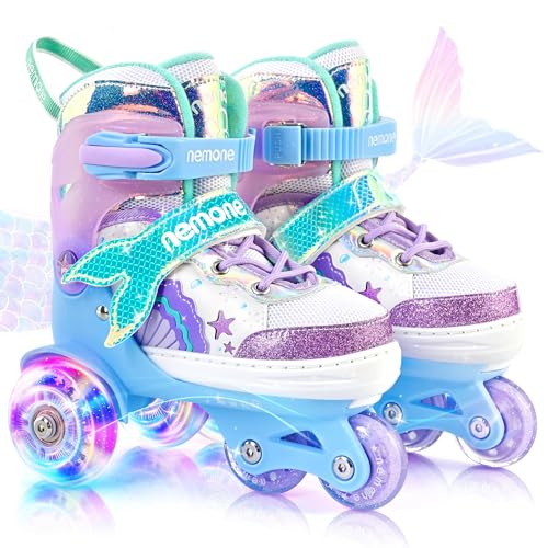 NEMONE Mermaid 4 Size Adjustable Light up Roller Skates for Girls, Purple Blue Skates for Toddlers, Beginner Kids Butterfly Roller Skates Indoor Outdoor