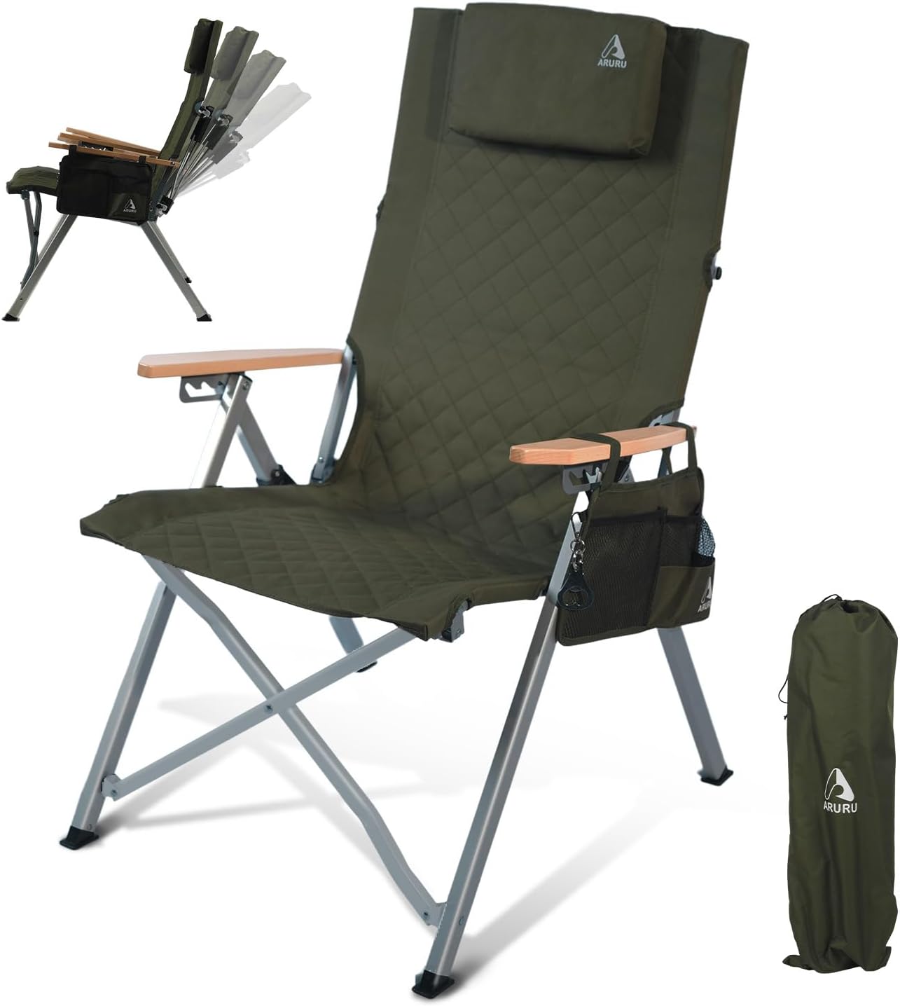 Camping Reclining Chair, Heavy Duty Folding Chairs with 4-Stage Adjustable High Back for Adults, Compact Foldable Outdoor Patio Reclining Chair with Storage Bag (Green)