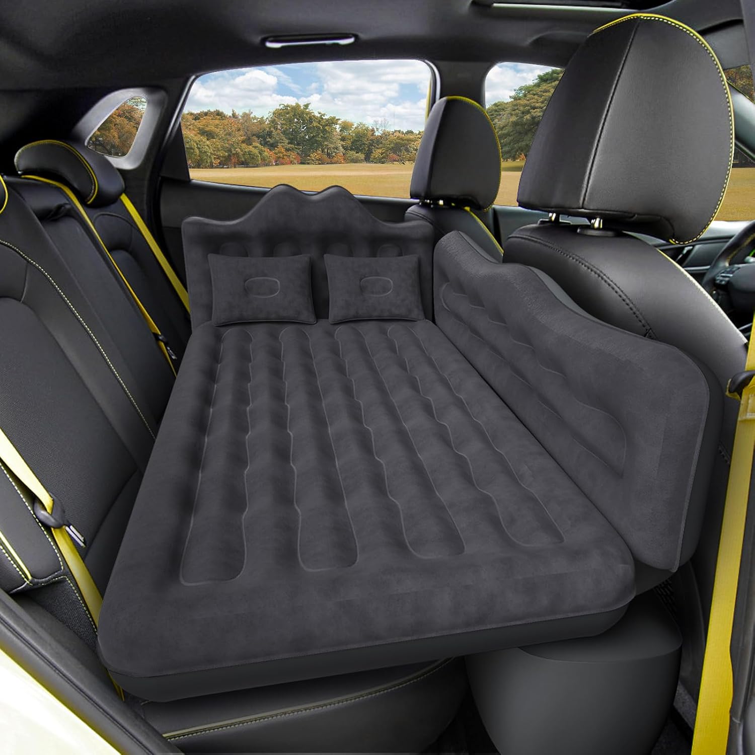 Back Seat Car Air Mattress: Inflatable SUV Car Camping Bed for Truck Van, Thickened Double-Sided Flocking Travel Car Sleeping Pad with Air Pump 2 Pillows