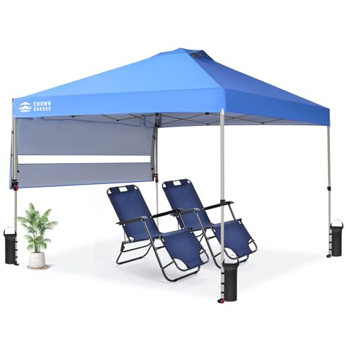 CROWN SHADES 10x10 Pop up Canopy Tent, Instant Commercial Canopy with Extend Awning, Patended Centerlock, 150D Silver Coated Fabric, 4 Ropes, 8 Stakes, 4 Weight Bags, STO 'N Go Bag, Blue