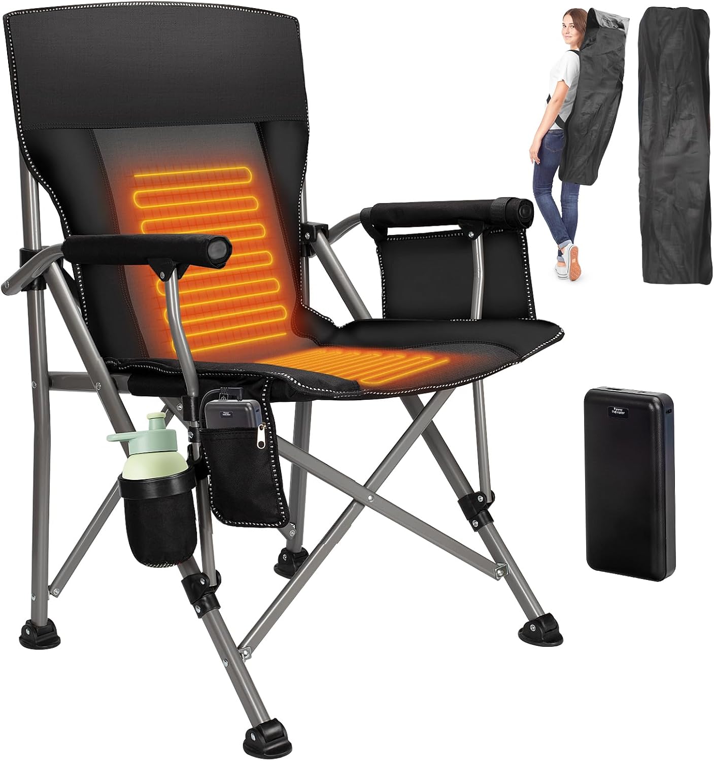 QUYUAN Heated Camping Chair with 20,000 mAh Battery, Fully Padded Heated Camp Chairs, Loog-Lasting for 500 Mins, Heavy Duty Folding Chairs Supports 500 lbs for Camping, Outdoor Sports, Picnics, Beach