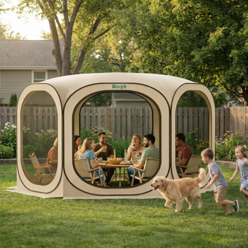 Pop Up Screen Tent Canopy, Portable Screen Canopy with Mosquito Net, Outdoor Screen Room Tent 12 x12 FT with Carry Bag for Lawn & Garden, Parties,Beige
