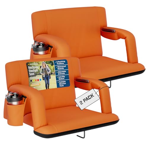 Alpcour Reclining Stadium Seat  Wide Bleacher Chair with Back Support and Cushion, Armrests, Side Pockets, and Bleachers Hook  Best Stadium Seats Chairs for Camping, Kayak, & Paddle Board Backs