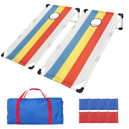 Portable PVC Framed Cornhole Game Set with 2 Collapsible Cornhole Boards, 8 Bean Bags and Carrying Case, Waterproof Mini Cornhole Set, Outdoor Indoor Yard Toss Games Rainbow Design (3 x 2-feet)