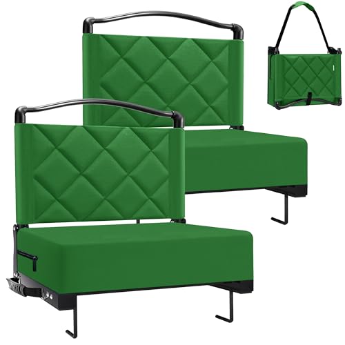 Stadium Seats with Back Support Cushion, Folding Stadium Seats for Bleachers Hold up 400lbs, Wide Bleacher Seat with Shoulder Strap & Handle Comfort for Sports Events (Green, 2pcs)
