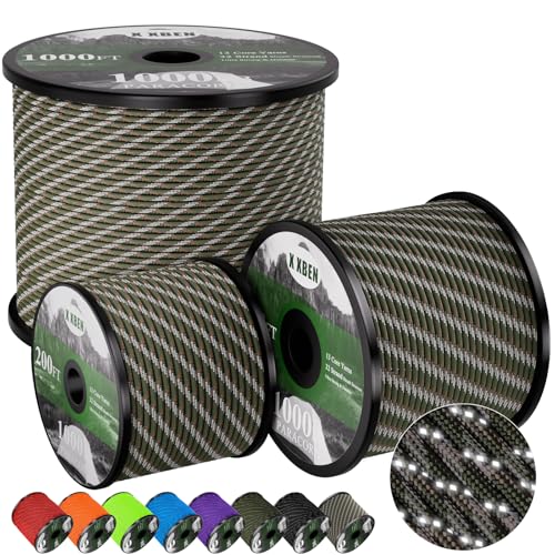 X XBEN Paracord Reflective 1000lb, 50/100/200/500/1000ft 4mm, 13 Strand Parachute Cord, Tactical Paracord Rope for Camping, Fishing, Clothesline, Hammock, Tent & Survival Bracelet, Forest Camo