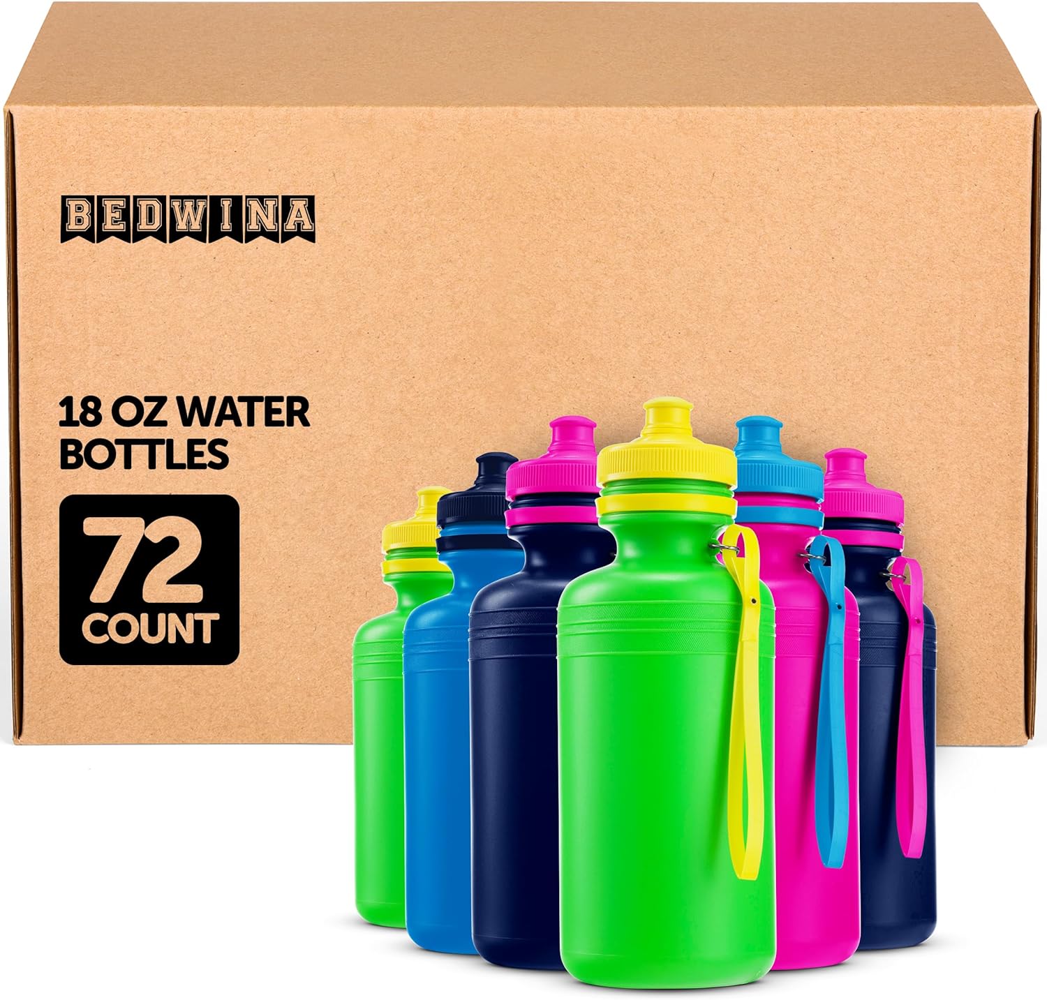 Bedwina Bulk Water Bottles For Kids - (Bulk Pack of 72) 18 Oz - 7.5 Inch BPA-Free Plastic Water Bottles w/Pop-up Tops for Summer, Reusable Water Bottle for School, Sports Birthday Party Favors