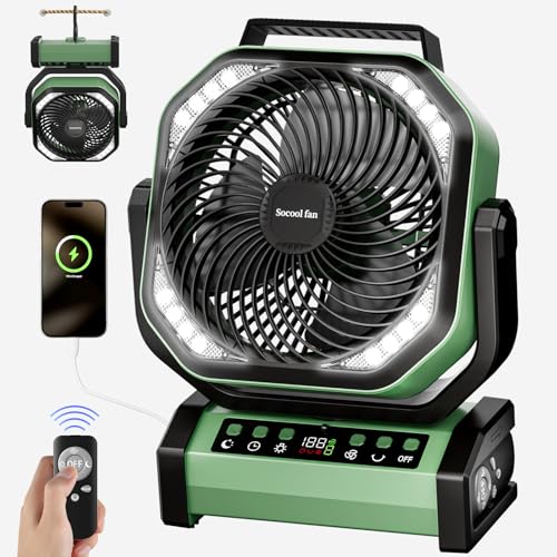 Socool Camping Fan with Light - 20000mAh Rechargeable Battery Fan with Remote, 112Hrs & 8 Speeds, Digital Display, Timer, Auto Oscillation, 270 Pivot & Hook for Outdoor Tent, Hurricane, Power Outage