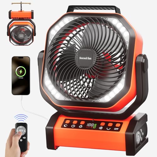 Socool Camping Fan with Light - 20000mAh Rechargeable Battery Fan with Remote, 112Hrs & 8 Speeds, Digital Display, Timer, Auto Oscillation, 270 Pivot & Hook for Outdoor Tent, Hurricane, Power Outage