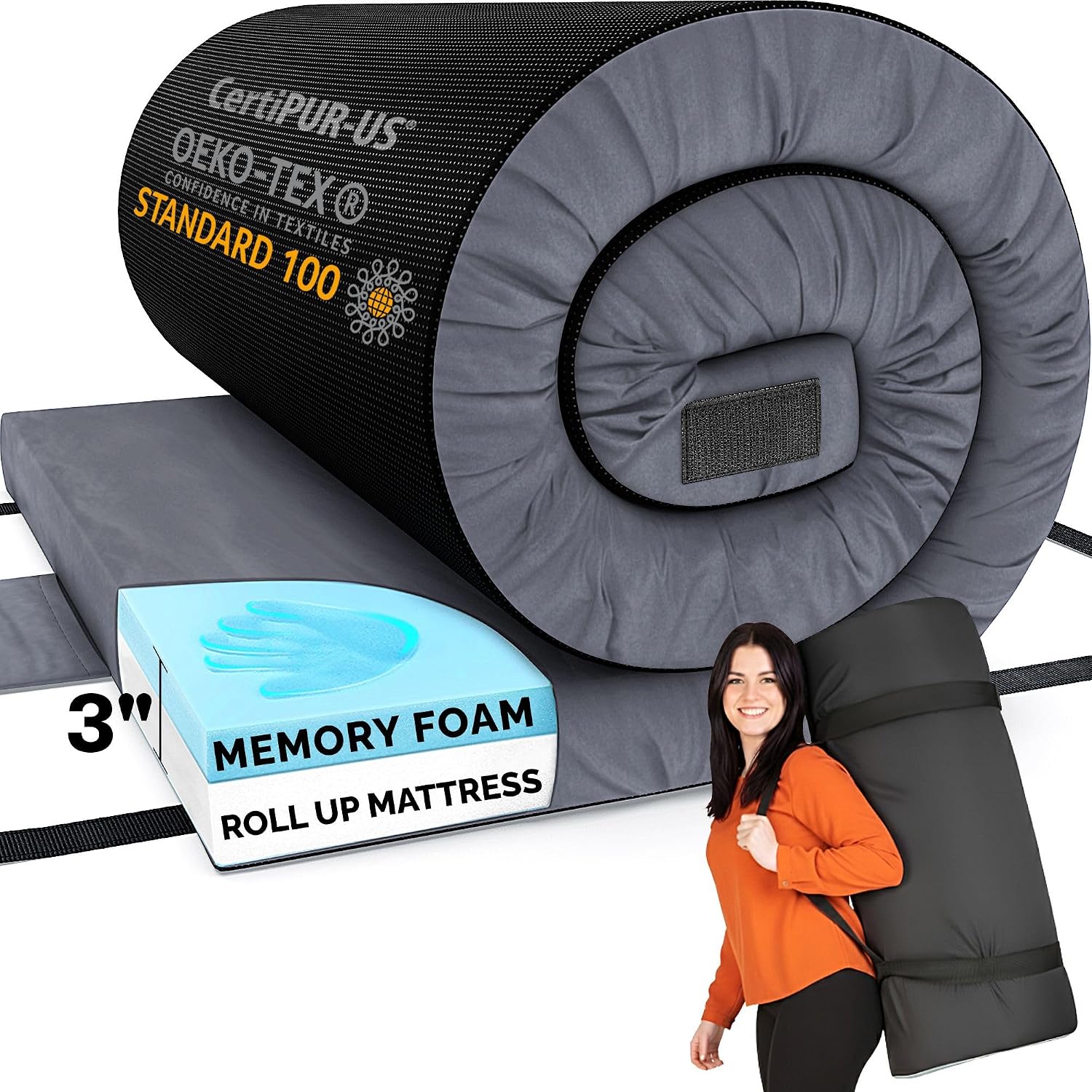Hazli Matrix Comfort-Cell Memory Foam Camping Mattress Pad - Roll Up Mattress for Adults - Portable Cot Sleeping Pad for Camping - Floor Mat or Bed Roll for Car, SUV