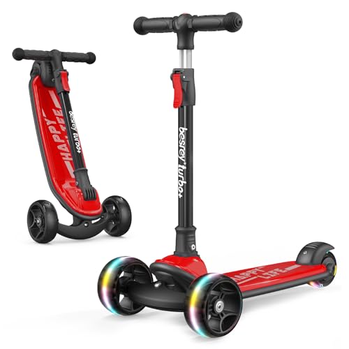 Besrey Kick Scooter for Kids Ages 3-10, 3-Wheel Folding Scooter with Adjustable Height, LED Light Wheels, Extra Wide Deck for Outdoor Activities