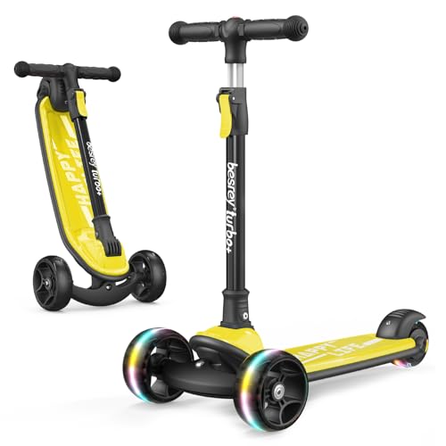 Besrey Kick Scooter for Kids Ages 3-10, 3-Wheel Folding Scooter with Adjustable Height, LED Light Wheels, Extra Wide Deck for Outdoor Activities