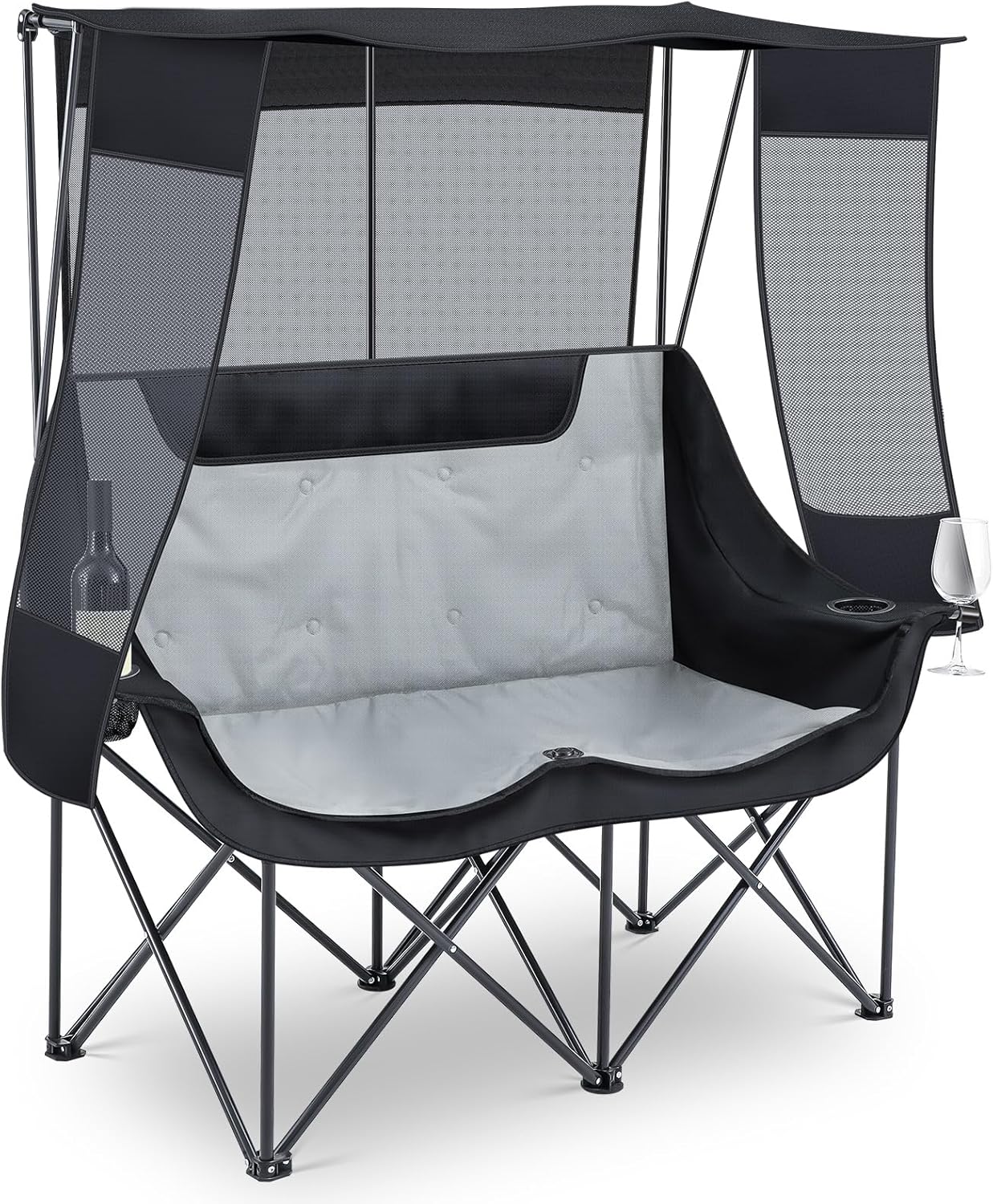 Double Camping Chair with Canopy Shade Oversized 2 Person Camping Sofa Fully Padded Folding Loveseat with Cup Hold and Storage Bag Sturdy for Lawn Beach Fall Outdoor Activities(Black)