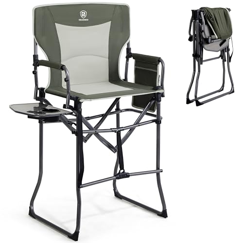 EVER ADVANCED Portable 30.7" Seat Height Tall Folding Camping Chair Directors Chair High Foldable Bar Stool with Side Table for Makeup Artist, Sports Event, Craft Show, Supports 350LBS Green Grey