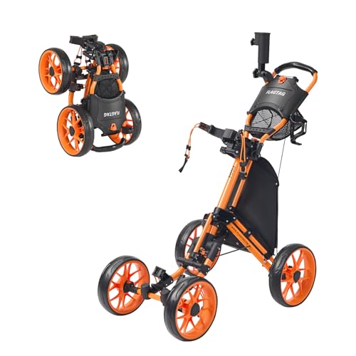 Golf Push Cart 4-Wheels,Folding Golf Cart, Golf Pull cart with Cup Holder,Umbrella Holder,Cooler Bag, Foldable with one-Click,Handle Height Adjustable,Drink Holder,Walking Push cart