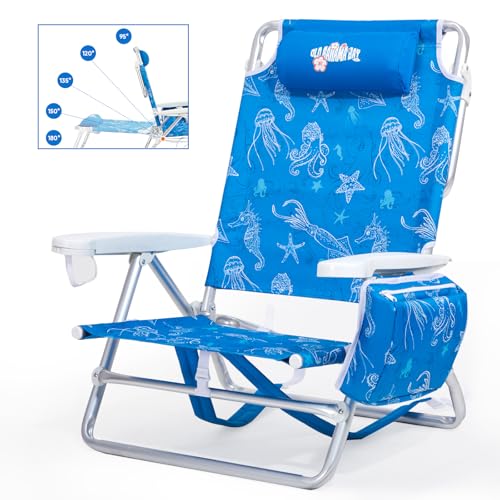 Old Bahama Bay Reclining Beach Chair Backpack 5-Position Lay Flat Lounge Chair for Adults Heavy Duty Portable Folding Lightweight with Cooler Bag Camping Chair for Sand Outdoor